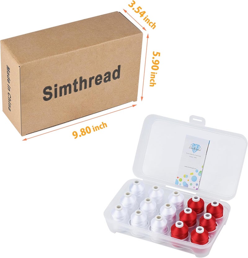 simthread Machine Embroidery Thread 1000M White 001 + Red 800, with Storage Box Polyester 15 Spools Set for Embroidery Quilting Machine - Image 5